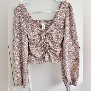 Cottagecore Ditsy Floral Milkmaid Ruched Tie Front Puff Sleeve Blouse XS NWT